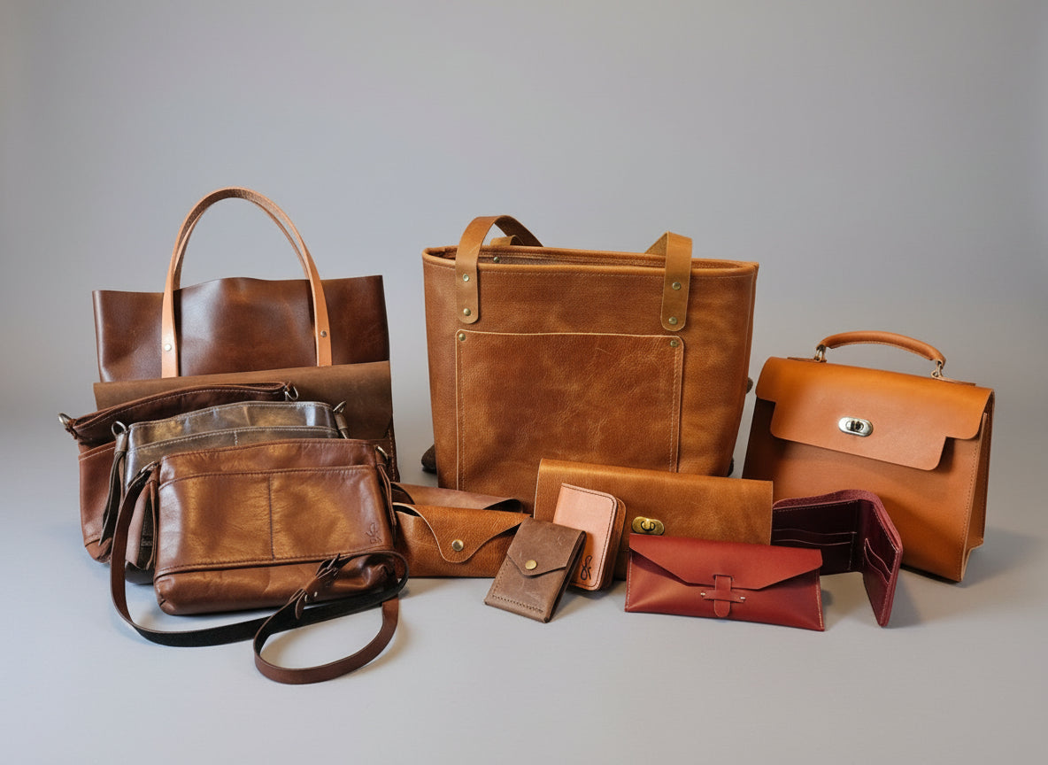 Collection of brown leather bags and wallets on a checkered tablecloth.