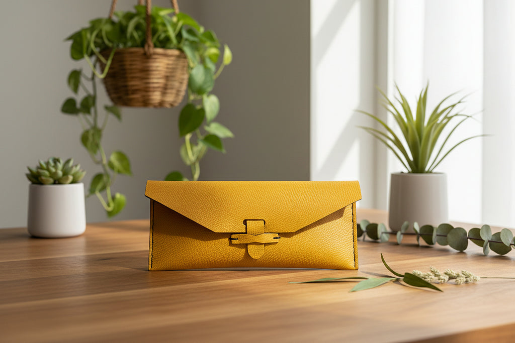 Yellow wallet on a laptop keyboard with a grassy field background