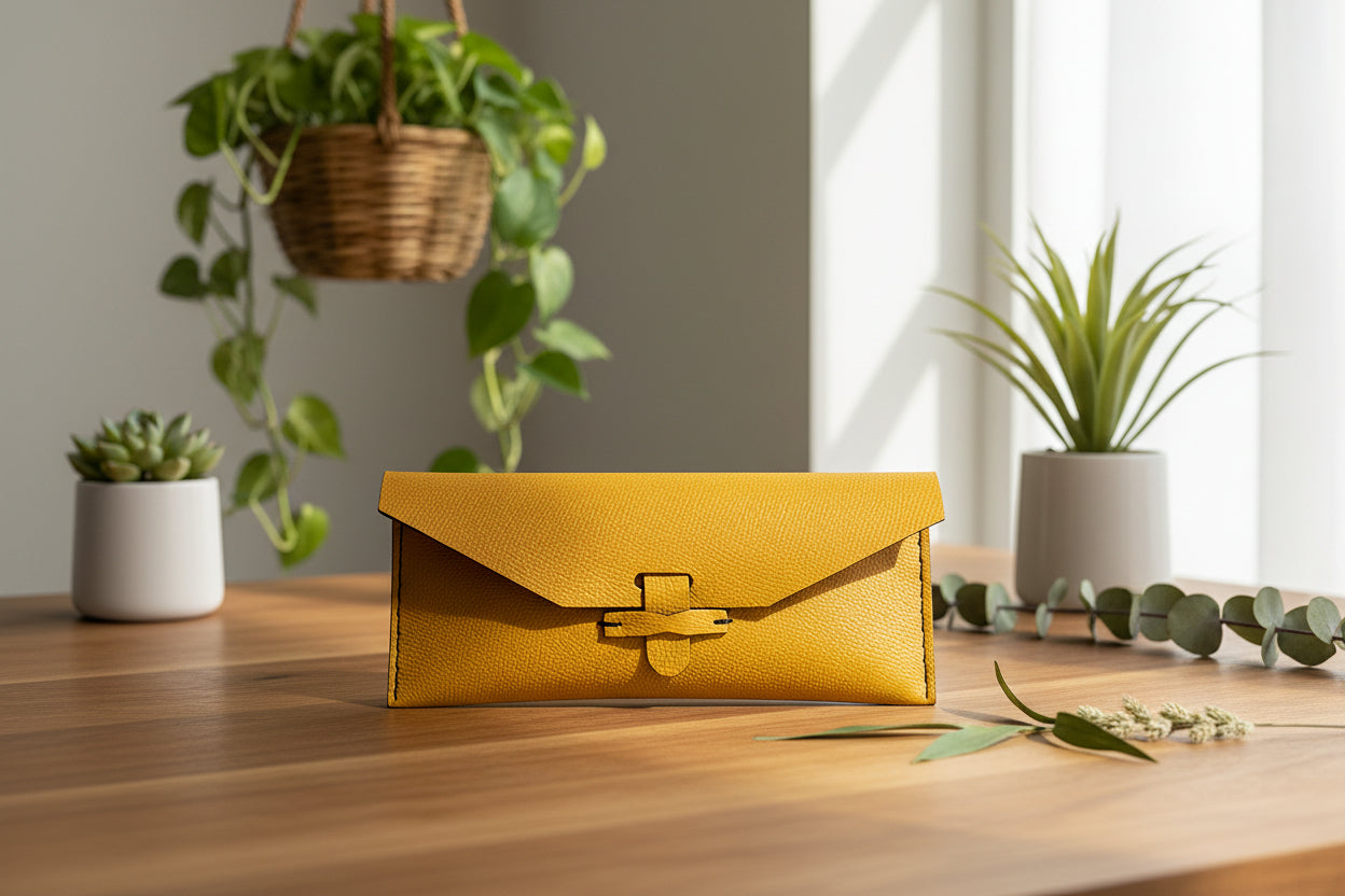 Yellow wallet on a laptop keyboard with a grassy field background