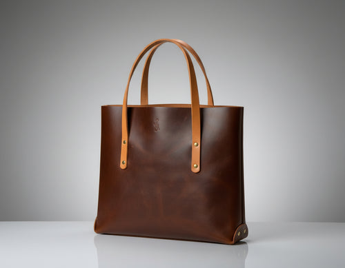 Brown leather tote bag with natural leather handles 