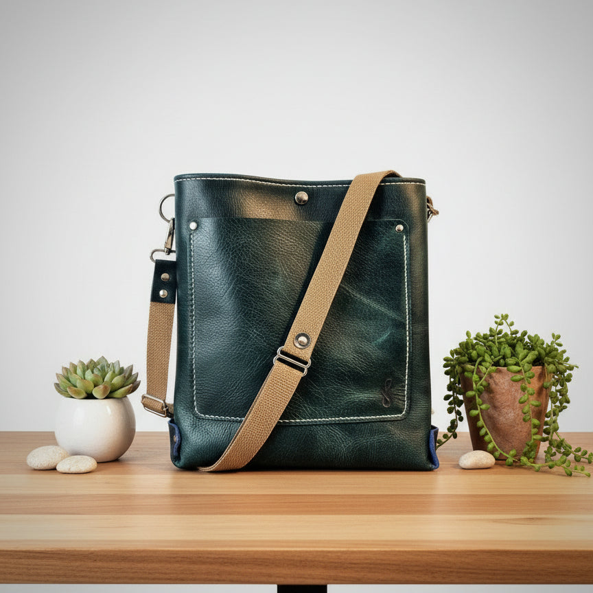 Blue leather bag with a brown strap on a table in a room.